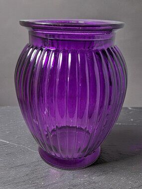 Vintage Purple Glass Vase Distinctive Ribbed Design and a Wide Opening.